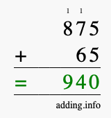 Calculate 875 + 65 using long addition