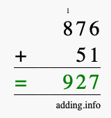 Calculate 876 + 51 using long addition