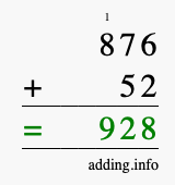 Calculate 876 + 52 using long addition