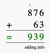 Calculate 876 + 63 using long addition