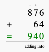 Calculate 876 + 64 using long addition