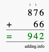 Calculate 876 + 66 using long addition