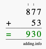 Calculate 877 + 53 using long addition