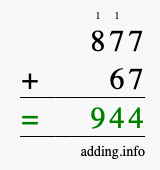 Calculate 877 + 67 using long addition
