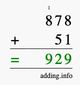 Calculate 878 + 51 using long addition