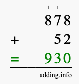 Calculate 878 + 52 using long addition