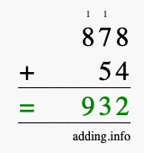 Calculate 878 + 54 using long addition