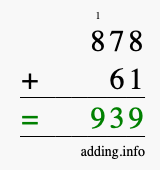 Calculate 878 + 61 using long addition