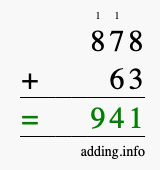 Calculate 878 + 63 using long addition