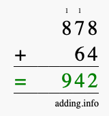 Calculate 878 + 64 using long addition