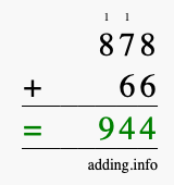 Calculate 878 + 66 using long addition