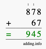 Calculate 878 + 67 using long addition
