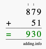 Calculate 879 + 51 using long addition