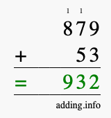 Calculate 879 + 53 using long addition