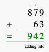 Calculate 879 + 63 using long addition