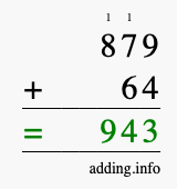 Calculate 879 + 64 using long addition