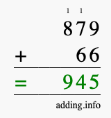 Calculate 879 + 66 using long addition