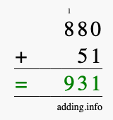 Calculate 880 + 51 using long addition