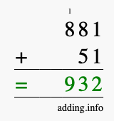 Calculate 881 + 51 using long addition