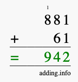 Calculate 881 + 61 using long addition