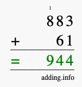 Calculate 883 + 61 using long addition