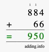 Calculate 884 + 66 using long addition