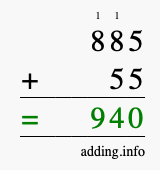 Calculate 885 + 55 using long addition