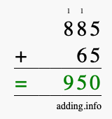 Calculate 885 + 65 using long addition
