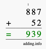 Calculate 887 + 52 using long addition