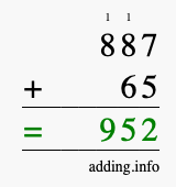 Calculate 887 + 65 using long addition