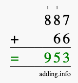 Calculate 887 + 66 using long addition