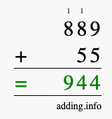 Calculate 889 + 55 using long addition