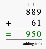 Calculate 889 + 61 using long addition