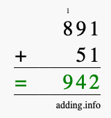 Calculate 891 + 51 using long addition