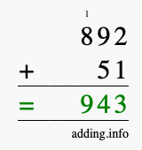 Calculate 892 + 51 using long addition