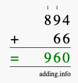 Calculate 894 + 66 using long addition