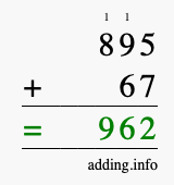 Calculate 895 + 67 using long addition