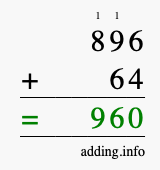 Calculate 896 + 64 using long addition