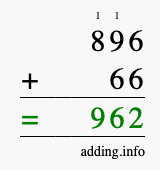 Calculate 896 + 66 using long addition
