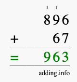 Calculate 896 + 67 using long addition