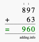 Calculate 897 + 63 using long addition