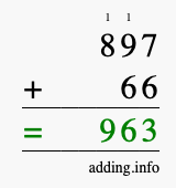 Calculate 897 + 66 using long addition
