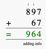 Calculate 897 + 67 using long addition