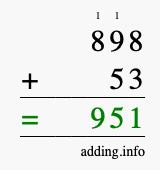 Calculate 898 + 53 using long addition