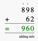 Calculate 898 + 62 using long addition