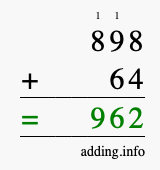 Calculate 898 + 64 using long addition