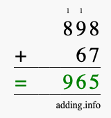 Calculate 898 + 67 using long addition