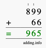 Calculate 899 + 66 using long addition