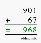 Calculate 901 + 67 using long addition