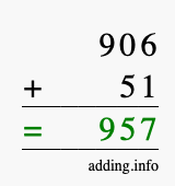 Calculate 906 + 51 using long addition